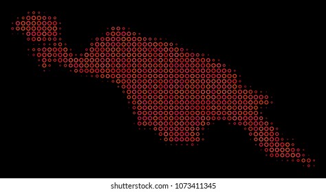 Dotted red halftone New Guinea Island Map. Vector geographical map in red color shades on a black background. Vector halftone concept of New Guinea Island Map made of circle blots.