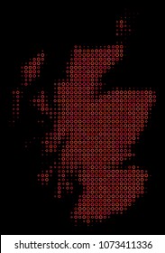 Dotted red halftone Scotland Map. Vector territorial map in red color tinges on a black background. Vector halftone composition of Scotland Map created of circle spots.