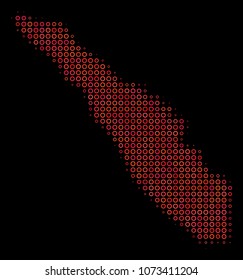 Dotted red halftone Sumatra Island Map. Vector geographical map in red color tones on a black background. Vector halftone mosaic of Sumatra Island Map made of circle spots.