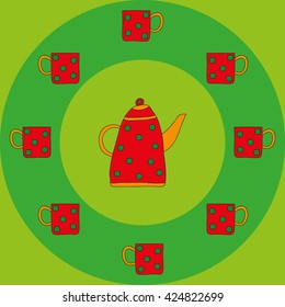 Dotted red teapot and cups on a green background. Bright vintage tea-set. Vector illustration