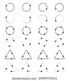 Dotted refresh icon or symbol, restart icon circle arrow symbolizes vector. Recycling icon set.