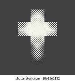 Dotted religious cross isolated on a black background. Vector halftone pattern of religious cross icon made of circle points. Religious symbol, icon, t-shirt design, emblem, logo, design element.