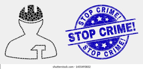 Dotted repairman mosaic pictogram and Stop Crime! seal. Blue vector round scratched seal stamp with Stop Crime! message. Vector collage in flat style.