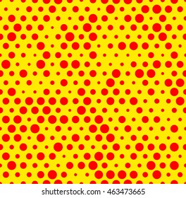 Dotted repeatable popart like duotone pattern. Speckled red yellow pointillist background. Seamlessly repeatable. 