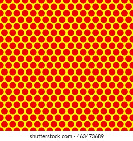 Dotted repeatable popart like duotone pattern. Speckled red yellow pointillist background. Seamlessly repeatable. 