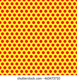 Dotted repeatable popart like duotone pattern. Speckled red yellow pointillist background. Seamlessly repeatable. 