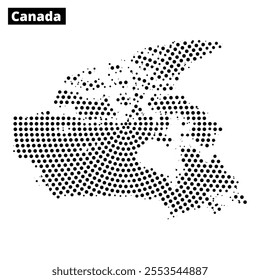 A dotted representation of Canada highlights its geographical features and key locations, illustrating the vast landscape.