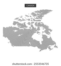 A dotted representation of Canada highlights its geographical features and key locations, illustrating the vast landscape.