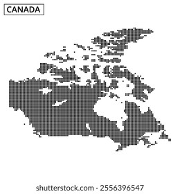 A dotted representation of Canada highlights its geographical features and key locations, illustrating the vast landscape.