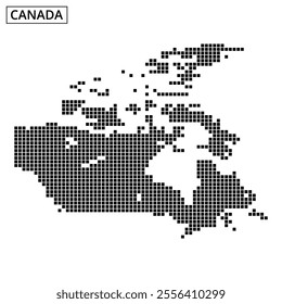 A dotted representation of Canada highlights its geographical features and key locations, illustrating the vast landscape.