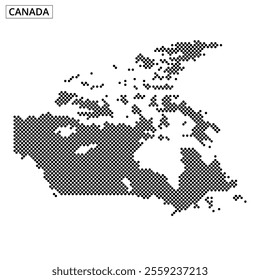 A dotted representation of Canada highlights its geographical features and key locations, illustrating the vast landscape.