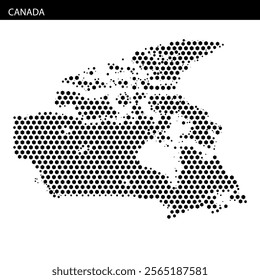 A dotted representation of Canada highlights its geographical features and key locations, illustrating the vast landscape.