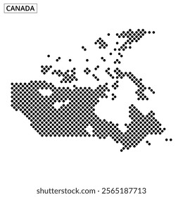 A dotted representation of Canada highlights its geographical features and key locations, illustrating the vast landscape.