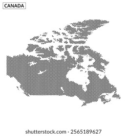 A dotted representation of Canada highlights its geographical features and key locations, illustrating the vast landscape.