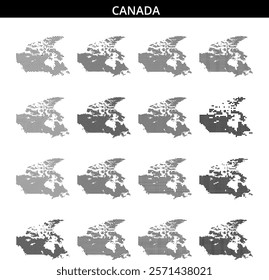 A dotted representation of Canada highlights its geographical features and key locations, illustrating the vast landscape.