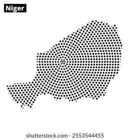 A dotted representation of Niger showcases the country's shape and geographical features in black and white.