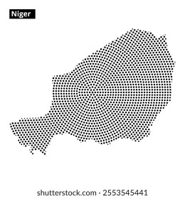 A dotted representation of Niger showcases the country's shape and geographical features in black and white.