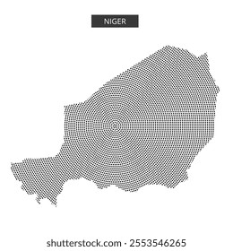 A dotted representation of Niger showcases the country's shape and geographical features in black and white.