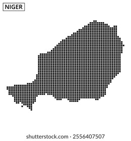 A dotted representation of Niger showcases the country's shape and geographical features in black and white.