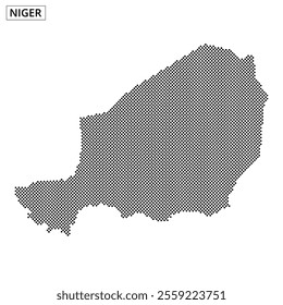 A dotted representation of Niger showcases the country's shape and geographical features in black and white.