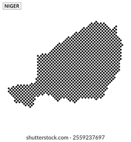 A dotted representation of Niger showcases the country's shape and geographical features in black and white.