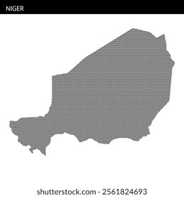 A dotted representation of Niger showcases the country's shape and geographical features in black and white.