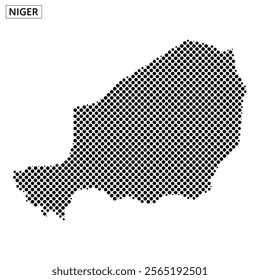 A dotted representation of Niger showcases the country's shape and geographical features in black and white.