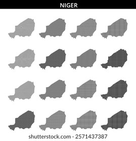 A dotted representation of Niger showcases the country's shape and geographical features in black and white.