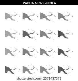 Dotted representation of Papua New Guinea showcasing its unique geographical shape and features.