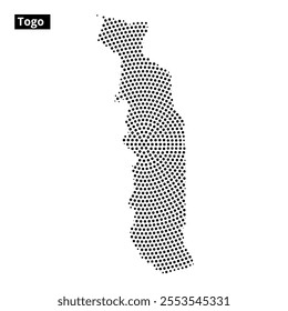 A dotted representation showcases the unique shape and borders of Togo, emphasizing its slim, elongated form.