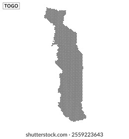 A dotted representation showcases the unique shape and borders of Togo, emphasizing its slim, elongated form.