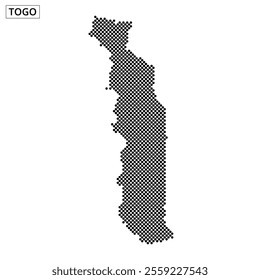 A dotted representation showcases the unique shape and borders of Togo, emphasizing its slim, elongated form.