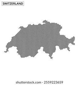 A dotted representation of Switzerland displays the country's geographical outline, highlighting its unique shape and location in Europe.