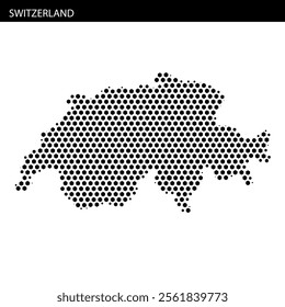 A dotted representation of Switzerland displays the country's geographical outline, highlighting its unique shape and location in Europe.