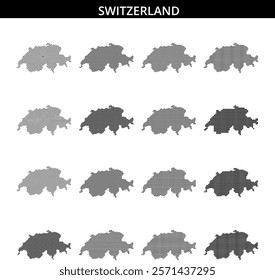 A dotted representation of Switzerland displays the country's geographical outline, highlighting its unique shape and location in Europe.