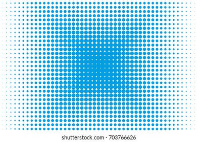 Dotted retro backdrop, panels with dots, points, circles, rounds. Comic pattern. Halftone background. Blue and white color. Design element for web banners, posters, cards, wallpaper, sites.  