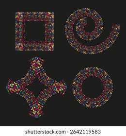 Dotted ring shapes. Colorful circular forms. Dark background contrast. Vector decorative elements.
