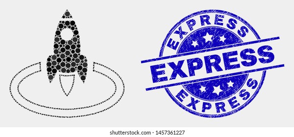 Dotted rocket start mosaic icon and Express seal stamp. Blue vector round grunge seal stamp with Express phrase. Vector composition in flat style.