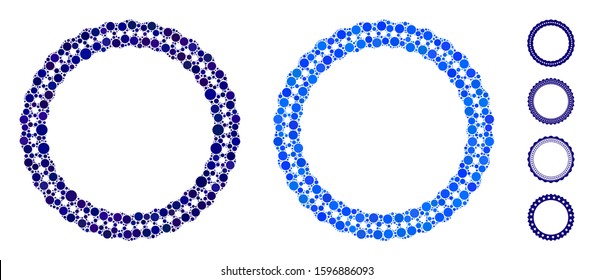 Dotted rosette circular frame composition of small circles in different sizes and color tinges, based on dotted rosette circular frame icon. Vector small circles are organized into blue mosaic.