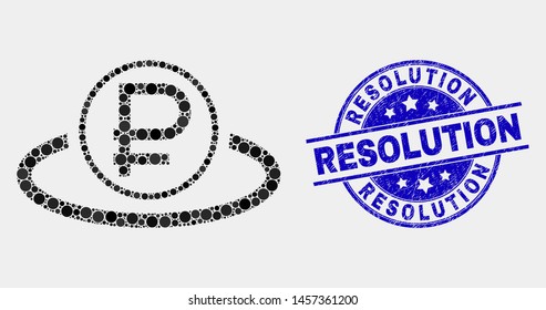 Dotted rouble area mosaic icon and Resolution seal stamp. Blue vector round grunge seal with Resolution phrase. Vector collage in flat style. Black isolated rouble area mosaic of scattered circles,