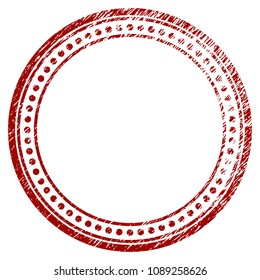 Dotted round frame grunge textured template. Vector draft element with grainy design and distress texture in red color. Designed for overlay watermarks and rubber seal imitations.