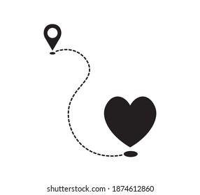 Dotted Route Between Location Icon and Heart, Vector Design