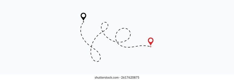 dotted route line the way airplane. Flying with a dashed line from the starting point and along the path - stock vector.