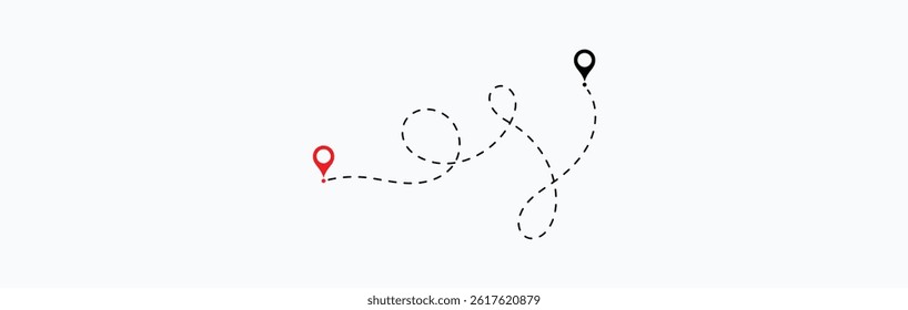 dotted route line the way airplane. Flying with a dashed line from the starting point and along the path - stock vector.