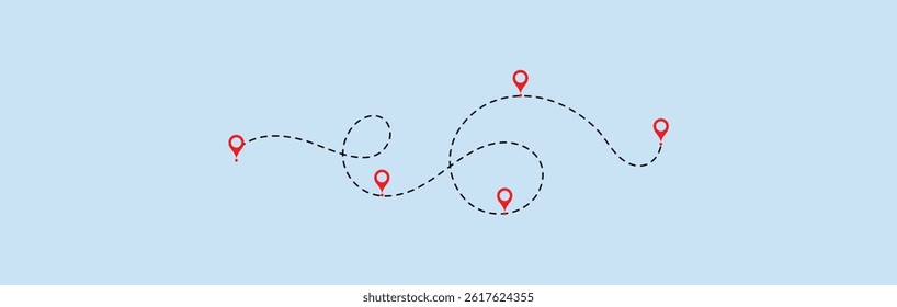 dotted route line the way airplane. Flying with a dashed line from the starting point and along the path - stock vector.