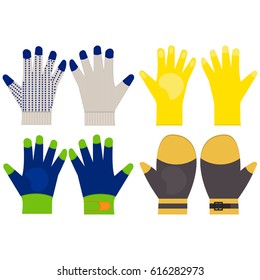 Dotted, rubber, protection, warm work gloves. Vector Illustration, clipart. Set of work gloves and mittens. 