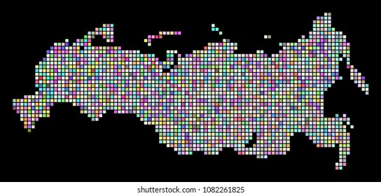 Dotted Russia Map. Vector geographic map in irregular colors on a black background. Vector concept of Russia Map combined with regular small squares.