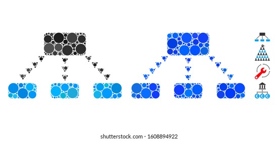 Dotted scheme mosaic of round dots in variable sizes and color hues, based on dotted scheme icon. Vector round dots are composed into blue illustration.