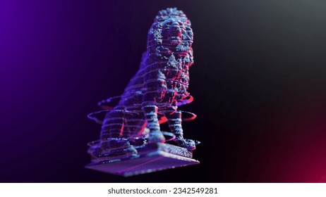 Dotted sculpture of lion. Backlight. Depth of field. Dark background. Abstract male from dots.