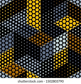 Dotted seamless isometric geometric pattern, dots 3D cubes vector tiling background, architecture and construction, wallpaper design.